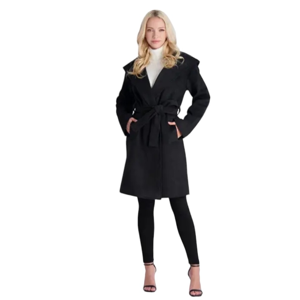NEW AVEC LES FILLES BELTED HOODED TWILL WRAP BLACK COAT sz XXL= 18